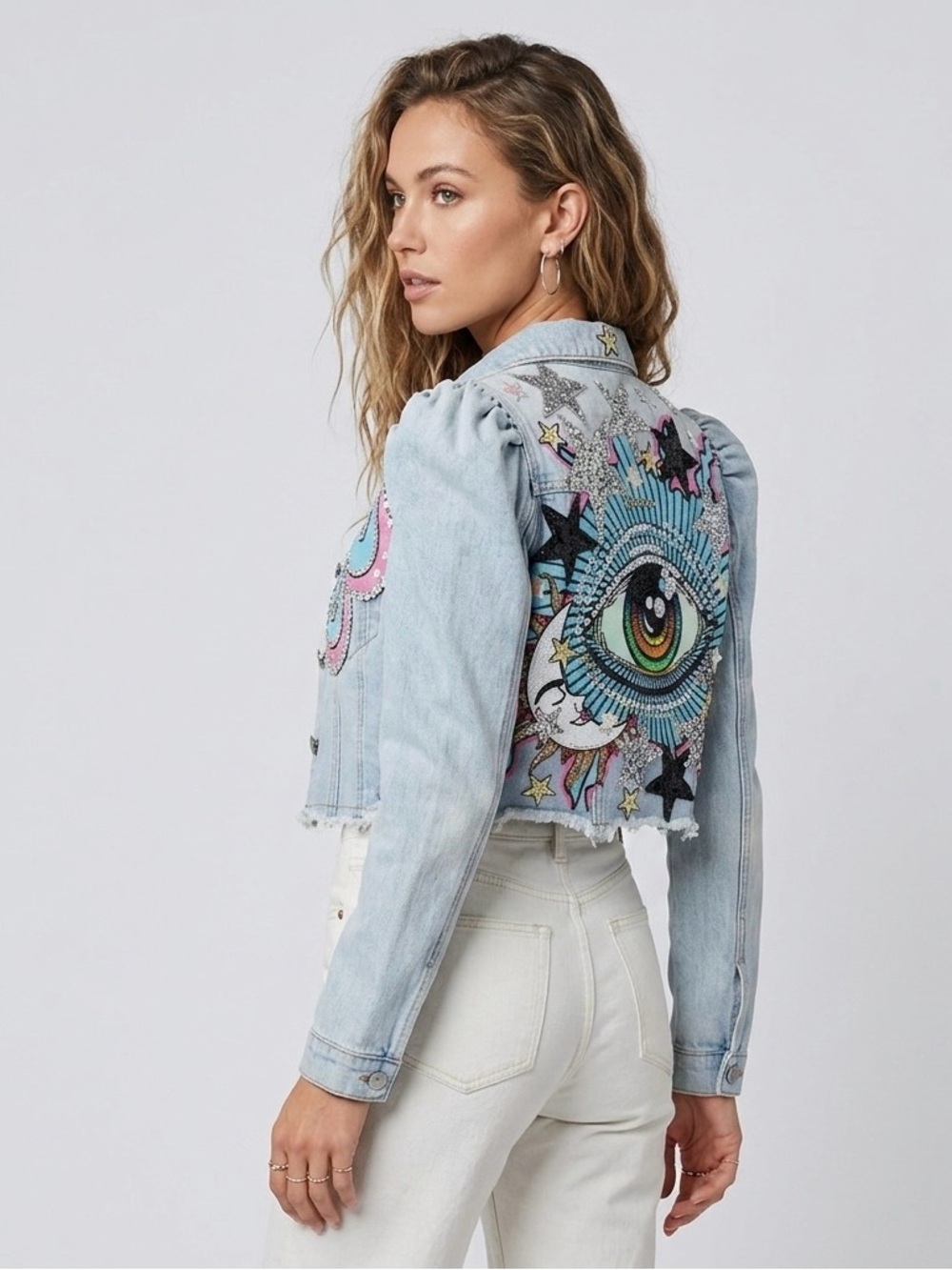 Pachamama Bohemian Custom Embellished Cropped Denim Jacket XS Puff Sleeve